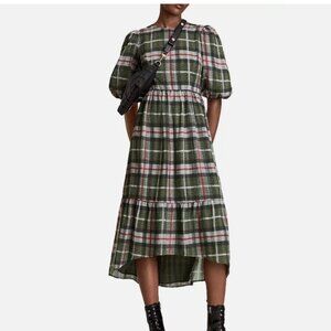 AllSaints Sadie Check Dress Puff Sleeve Hi-Low Hem | Feminine Grunge | Size 0